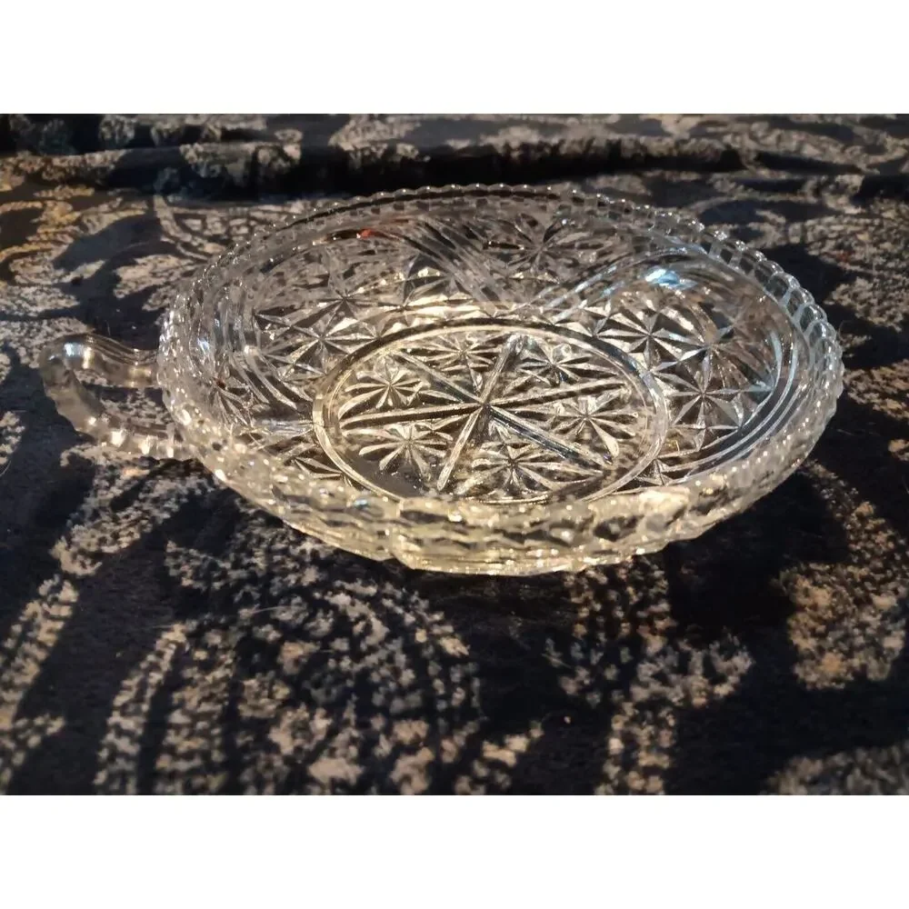 Vintage Cut Glass Dish W Handle 6” X 6”